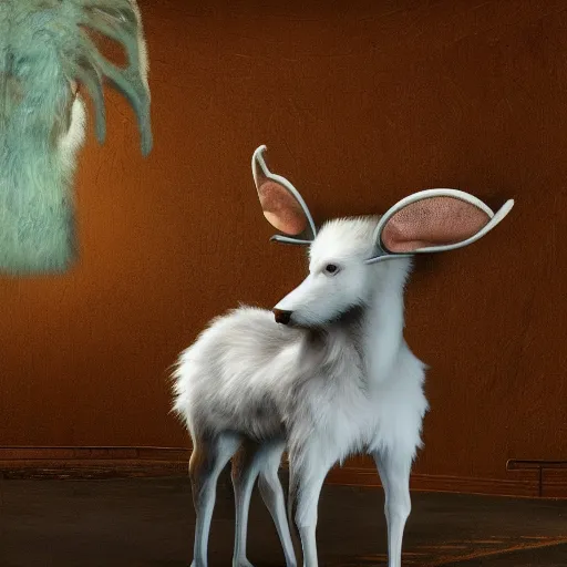 Image similar to Faun Portrait furry ears snout collar neck paws Antler Skunk Mummy Wraith wearing a silken leotard ASPCA National Geographic Wikipedia Demiurge pet adoption quill splatterpaint rorschach 4k artstation unreal engine render robert rauschenberg giorgio de chirico greg rutkowski