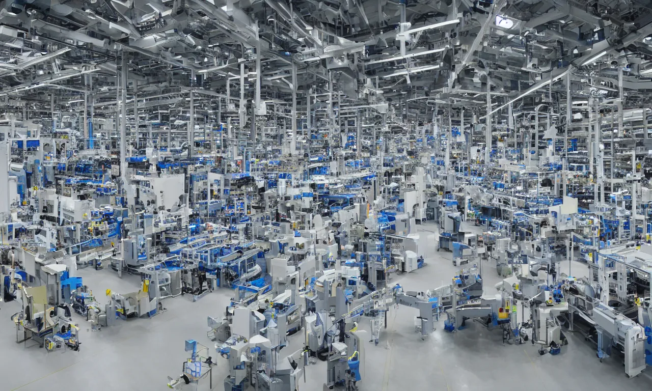 Image similar to modern factory with production line with robotic arms, in a row, big hall, white, bright, technology, symmetry, clean, straight on, straight camera view