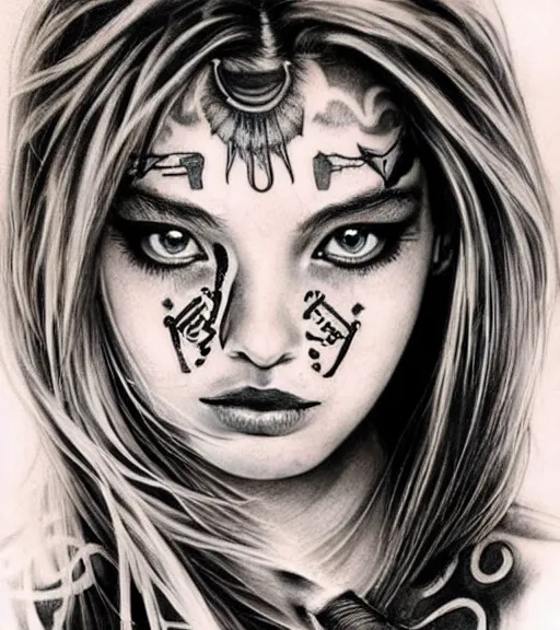 Image similar to tattoo design of a beautiful girl warrior, above the girl there is a tiger head, hyper realistic, realism tattoo, by eliot kohek, beautiful eyes, realistic face, black and white, white background