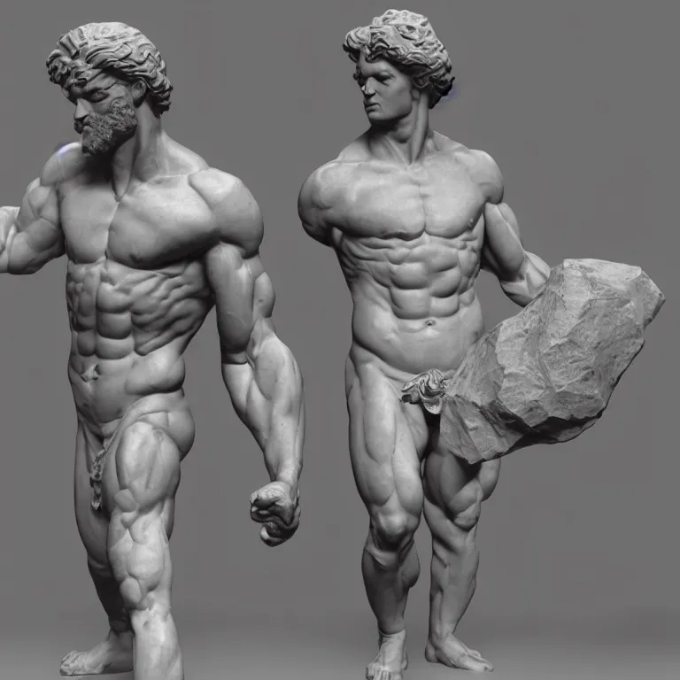 Image similar to Beautiful HD render of a muscular Greek Marble statue, octane, unity engine, soft lighting shadows, dark background