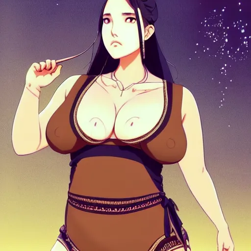 Image similar to a beautiful plus sized model japanese natalie portman, alluring plus sized model with brown skin, wearing mayan leotard with overalls, street fashion hip hop style with mayan patterns, aztec street fashion, gapmoe yandere grimdark, trending on pixiv fanbox, painted by greg rutkowski makoto shinkai takashi takeuchi studio ghibli, akihiko yoshida