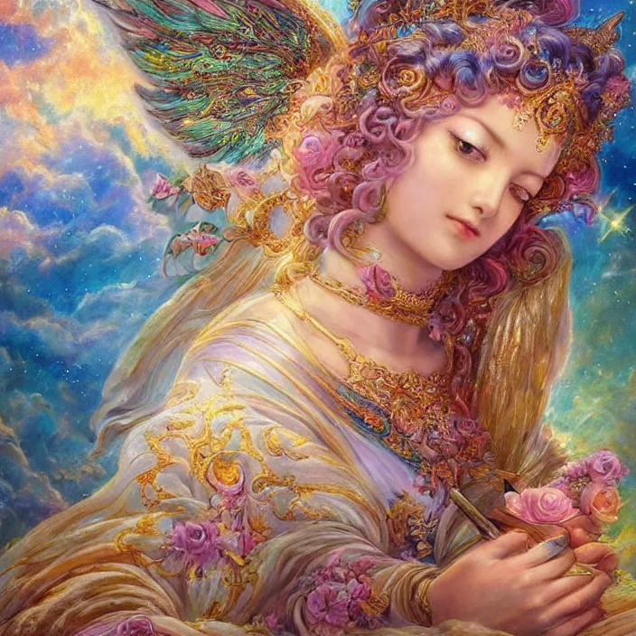 Image similar to a celestial goddess on her day off catching up on social media in bed, magic realism, art by josephine wall, art by huang guangjian, art by viktoria gavrilenko, art by amanda sage, trending on artstation