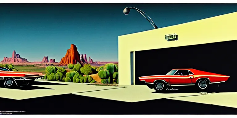 Image similar to a cinematic matte painting of a sleek 1 9 7 0 s vaporwave concept retro - futurism sci - fi muscle car in an open cluttered garage in the american southwest, view from the street. cactus. by eric lafforgue, glennray tutor and edward hopper, greg rutkowski. trending on artstation.