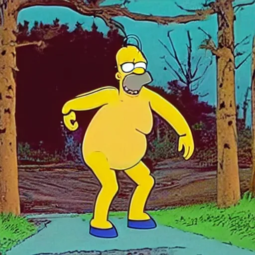 Prompt: a still of homer simpson in evil dead ( 1 9 8 1 )