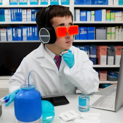 Image similar to A dolphin wearing a chemist outfit playing games on a computer