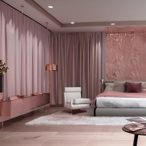 Image similar to 3 d render of modern bedroom in rose gold accents