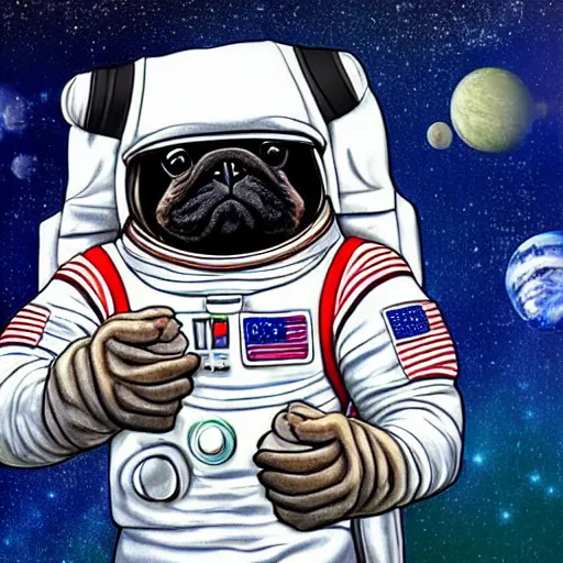 Image similar to hyper realistic, highly detailed, astronaut pug in space.