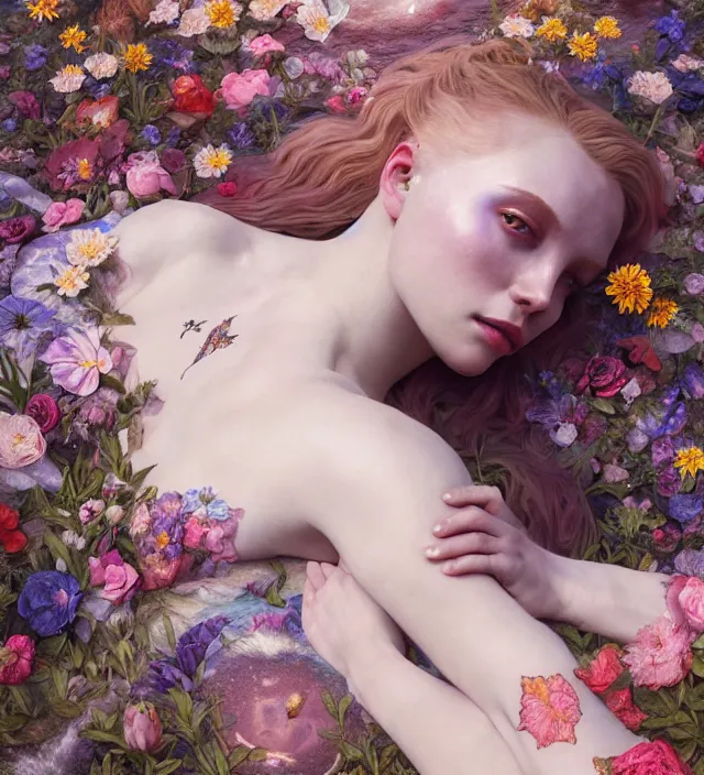 Image similar to baroque portrait of a icelandic princess of porceline skin, full body floral tattoos lying down in a river made of thousand of flowers, cinematic lighting, photorealistic, octane render, 8 k, depth of field, art by artgerm and greg rutkowski and alphonse mucha and uang guangjian