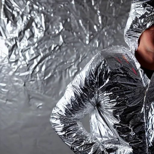 Prompt: photograph of a man wearing hundreds of layers of aluminum foil