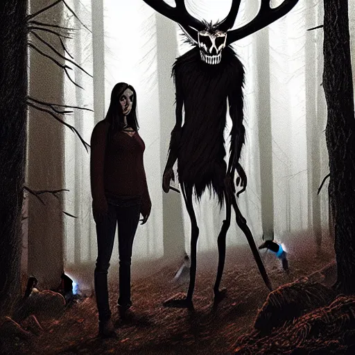 Image similar to Emma Rios and Steve Niles comic, Wendigo monster with deer skull face, antlers, furry brown body, tall and lanky skinny, walking through the forest, very dark night time, ominous moody lighting, spooky, scary, foggy, fog