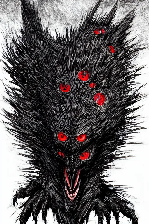 Prompt: raven monster, red eyes, highly detailed, digital art, sharp focus, trending on art station, kentaro miura manga art style