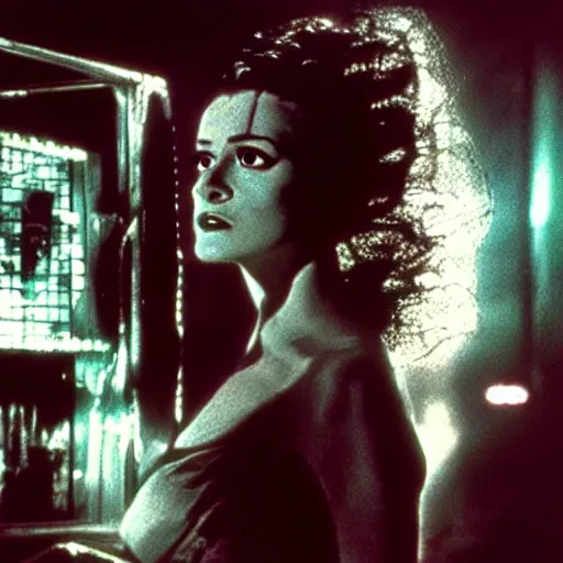 Image similar to cinematic portrait of bride of frankenstein as a replicant in a nightclub, frightened and angry, ready to fight, still from the movie bladerunner, fashion photography, a neon sign is in the background