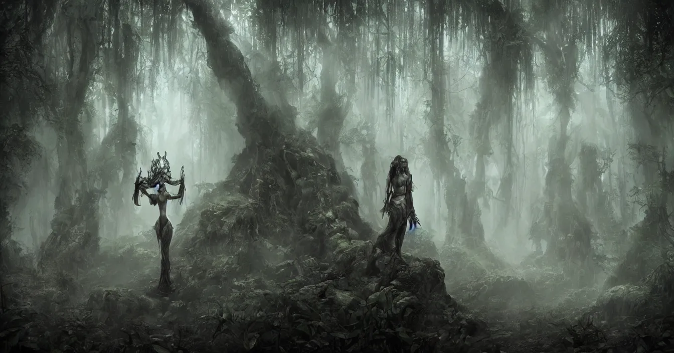 Prompt: archaeologists in deep dark rainy rainforest excavating buried dark soul, deep sense of horror spirituality, visual plasticity, in style of bastien lecouffe deharme