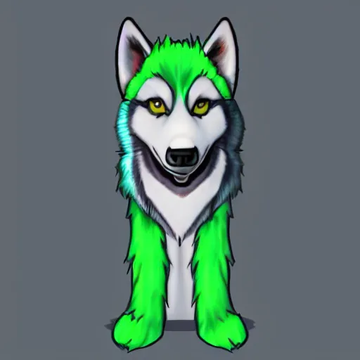 Image similar to furry anthro husky with scene - style hair, the hair has green highlights, style of milesdf, stylized, drawn