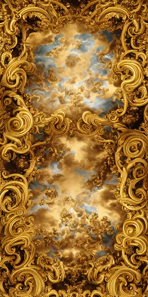 Prompt: the source of future growth dramatic, elaborate emotive Golden Baroque and Rococo styles to emphasise beauty as a transcendental, seamless pattern, symmetrical, large motifs, sistine chapel ceiling, 8k image, supersharp, spirals and swirls in rococo style, cartouches, white smoke and rainbow ink dropping in water, Gold black and rainbow colors, perfect symmetry, 3D, no blur, sharp focus, photorealistic, insanely detailed and intricate, cinematic lighting, Octane render, epic scene, 8K