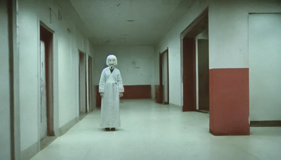 Image similar to 60s movie still of a white japanese female phantom bloody in an empty soviet stalinist style hospital with dark walls, cinestill 800t 35mm technicolor, heavy grain, high quality, higly detailed, liminal space