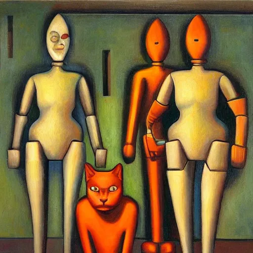 Prompt: three brutalist feline robots portrait, grant wood, pj crook, edward hopper, oil on canvas