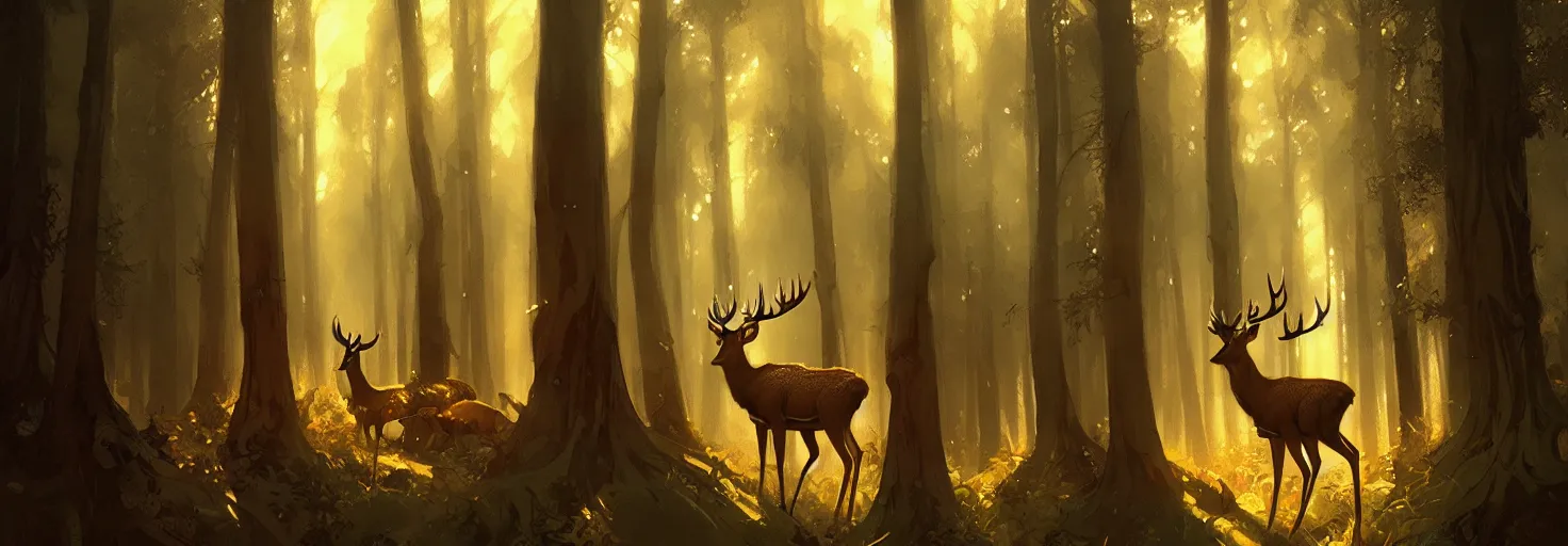 Image similar to Deer in Sherwood Forest, full frame, highly detailed, digital painting, artstation, concept art, smooth, sharp focus, illustration, art greg rutkowski and alphonse mucha