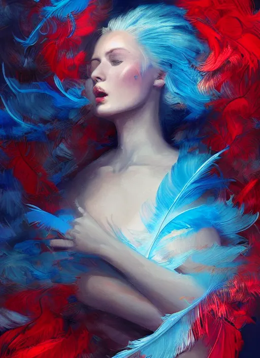 Image similar to a painting of a woman who made of curly and transparent feathers and cloud with red edges is holding a sword, a digital painting by charlie bowater, made of many translucent layers of blue feathers and cloud, metaphysical painting, speedpainting, digital painting, holographic undertones, highly saturated colors, 4 k, digital art, concept art, trending on artstation