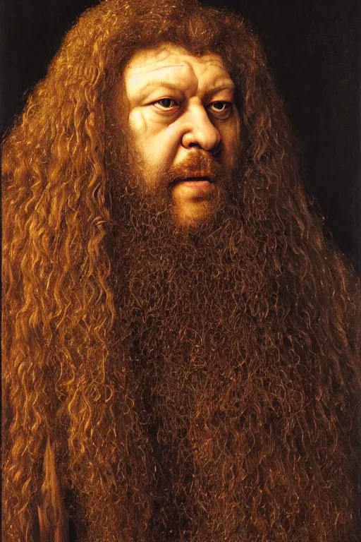 Image similar to portrait of hagrid, oil painting by jan van eyck, northern renaissance art, oil on canvas, wet - on - wet technique, realistic, expressive emotions, intricate textures, illusionistic detail