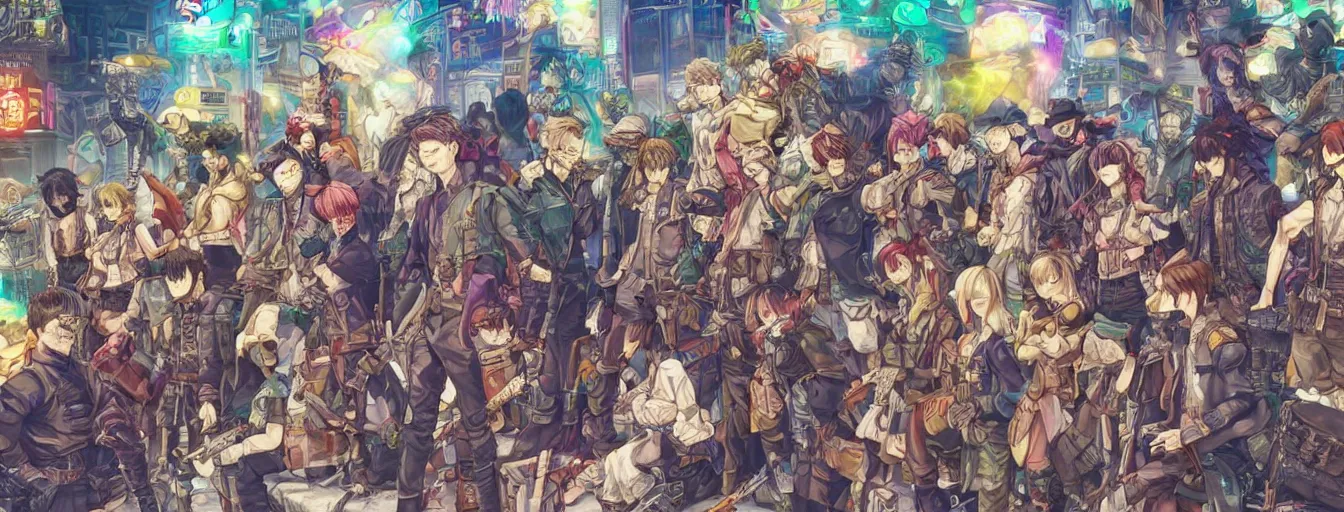 Image similar to a line - up of fallen comrades in empty colorful space. hyperrealistic anime background illustration by kim jung gi, colorful, extremely detailed intricate linework, smooth, super sharp focus, bright colors, high contrast, matte, octopath traveler, unreal engine 5 highly rendered, global illumination, radiant light