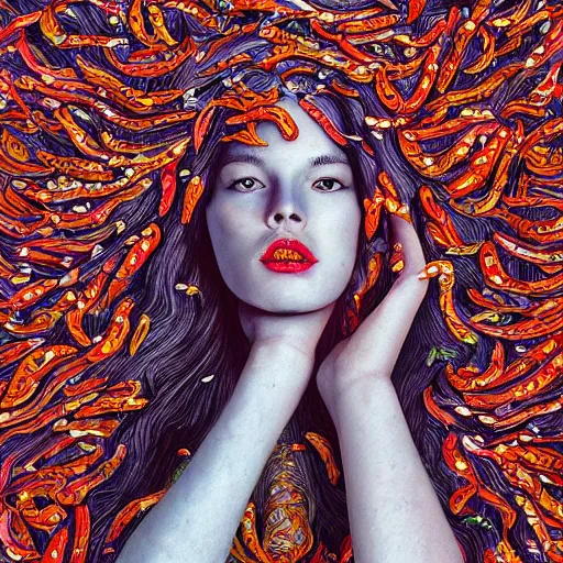 Image similar to the portrait of an unbelievably beautiful and sophisticated young woman made up of peppers looking straight up, an ultrafine detailed illustration by james jean, intricate linework, bright colors, final fantasy, behance contest winner, vanitas, angular, altermodern, unreal engine 5 highly rendered, global illumination, radiant light, detailed and intricate environment
