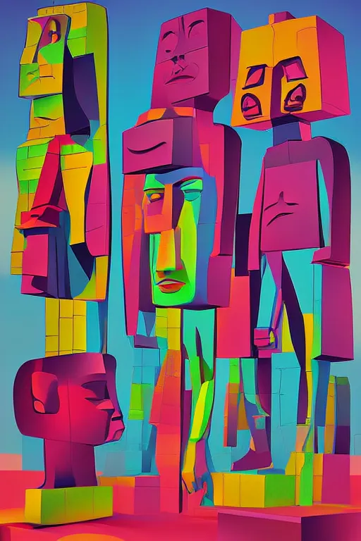 Image similar to cubist moai statue cutout digital illustration cartoon colorful beeple