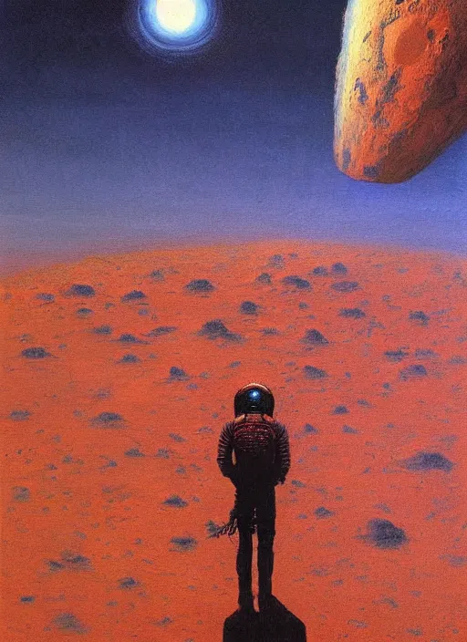 Image similar to A painting in a style of Beksinski featuring Elon Musk on mars. There is a group of rocket in the sky. Very detailed, symmetry