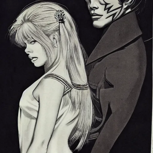 Image similar to 1 9 6 0 s drawing symmetrical pretty elegant brigitte bardot as a vampire with alain delon, very detailed intricate intaglio, style of takato yamamoto!!! lots of flowers