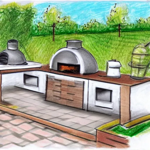 Prompt: new concept for small outdoor kitchen design with grill and pizza oven, designer pencil sketch, HD resolution