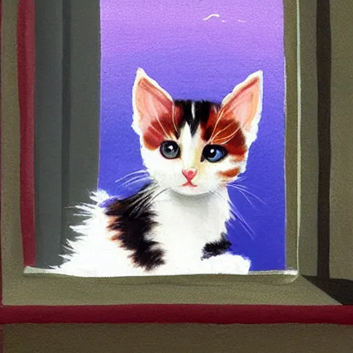 Prompt: cute calico kitten looking out of the window on a [ [ [ [ beautiful ] ] ] ] ] summer day, featured on artstationg, gorgeous!!!