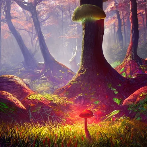 Prompt: bright, colorful, realistic, detailed from Elder Scrolls: shivering isles concept art mushroom forest backlighting, kodachrome, high contrast, highly detailed, sharp focus, digital painting, concept art, illustration, trending on artstation, comic book by Alex Ross and Adam Adamowicz cover art