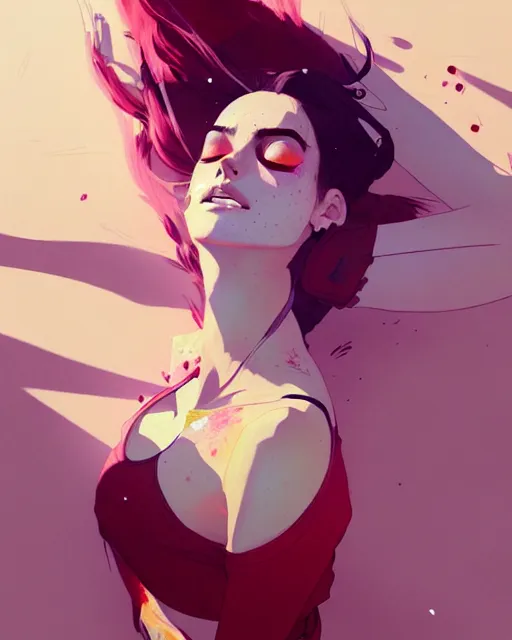 Image similar to a ultradetailed painting of a stylish woman waking up, she is wearing a tank top by conrad roset, greg rutkowski and makoto shinkai trending on artstation