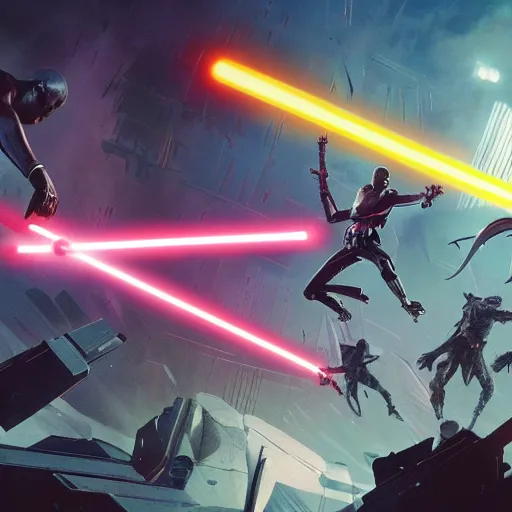 Prompt: mace windu holding a lightsaber fighting a group of dinosaurs in a destroyed cyberpunk city with lasers flying through the air by greg rutkowski