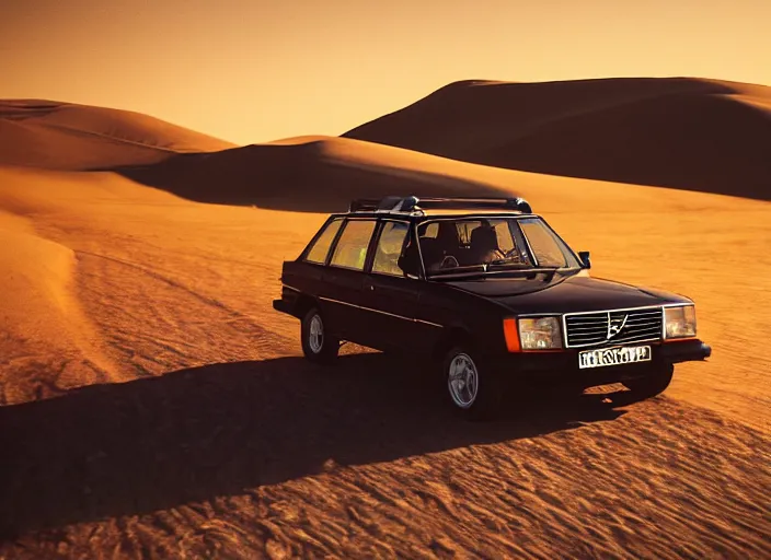 Image similar to a volvo 2 4 0 drivning high speed in the desert, sunset