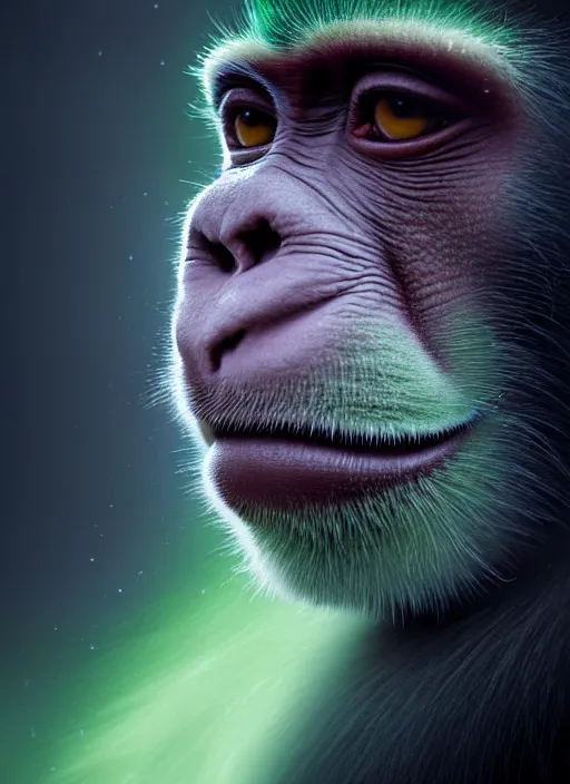 Image similar to an ethereal, misty portrait of a monkey whose face is accented with neon - toned glowing eyeliner. the makeup floats off his face and joins swirling clouds of smoke and fog, becoming an aurora. muted tones. surreal portrait, cinematic lighting, 8 k, smooth, sharp focus, digital painting, rendered in octane, painted by tom bagshaw, artgerm