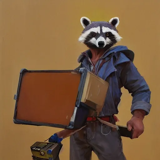 Image similar to greg manchess painting of a trash panda character, holding a box of cables and standing next to old electronic equiptment, medium shot, asymmetrical, profile picture, organic painting, sunny day, matte painting, bold shapes, hard edges, street art, trending on artstation, by huang guangjian and gil elvgren and sachin teng