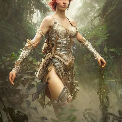 Prompt: epic hyperdetailed portrait of beautiful flower armored knight girl in the misty rainforest. by greg rutkowski, highly detailed portrait, rococo, smooth, sharp foccus ilustration, artstation hq. intricate, elegant. art by wlop and artgerm and greg rutkowski and alphonse mucha, masterpiece..