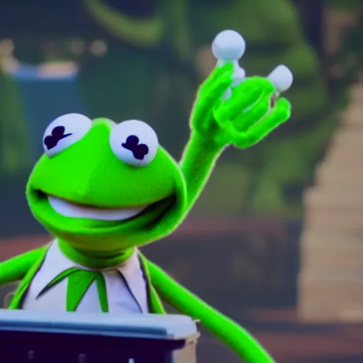 Prompt: Film still of Kermit the Frog, from Fortnite (2017 online video game)