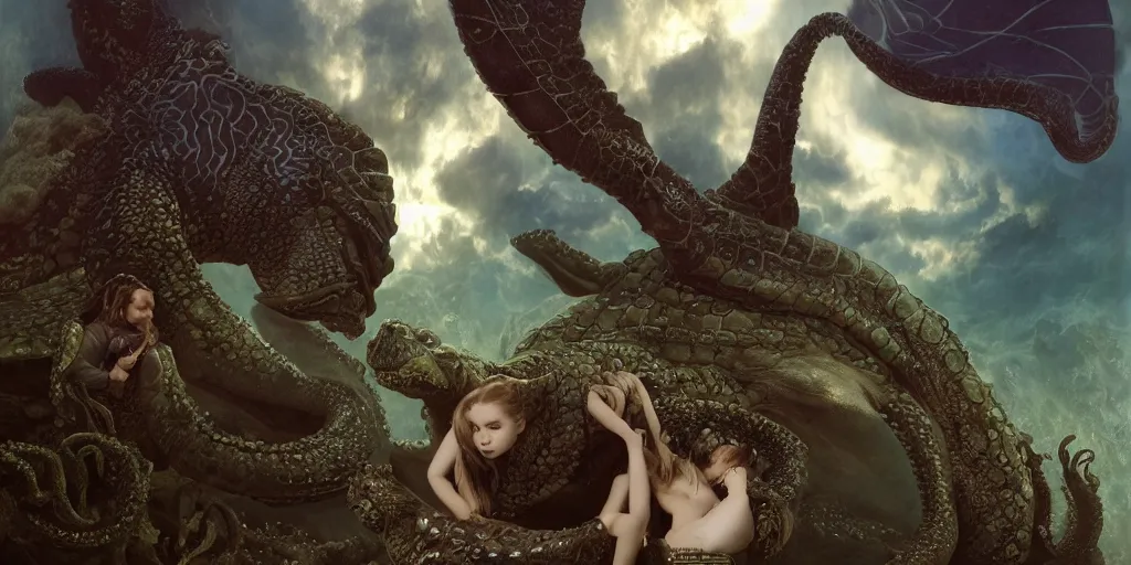 Image similar to Fantasy fairytale story, Great Leviathan Turtle, cephalopod, Cthulhu Squid, Mysterious Island, center Universe, accompany hybrid, Cory Chase, Blake Lively, Anya_Taylor-Joy, Grace Moretz, Halle Berry, Mystical Valkyrie, Anubis-Reptilian, Atlantean Warrior, intense fantasy atmospheric lighting, hyperrealistic, William-Adolphe Bouguereau, François Boucher, Jessica Rossier, Michael Cheval, michael whelan, Cozy, hot springs hidden Cave, Forest, candlelight, natural light, lush plants and flowers, Spectacular Mountains, bright clouds, luminous stellar sky, outer worlds, Solar Flare Unreal Engine, HD,