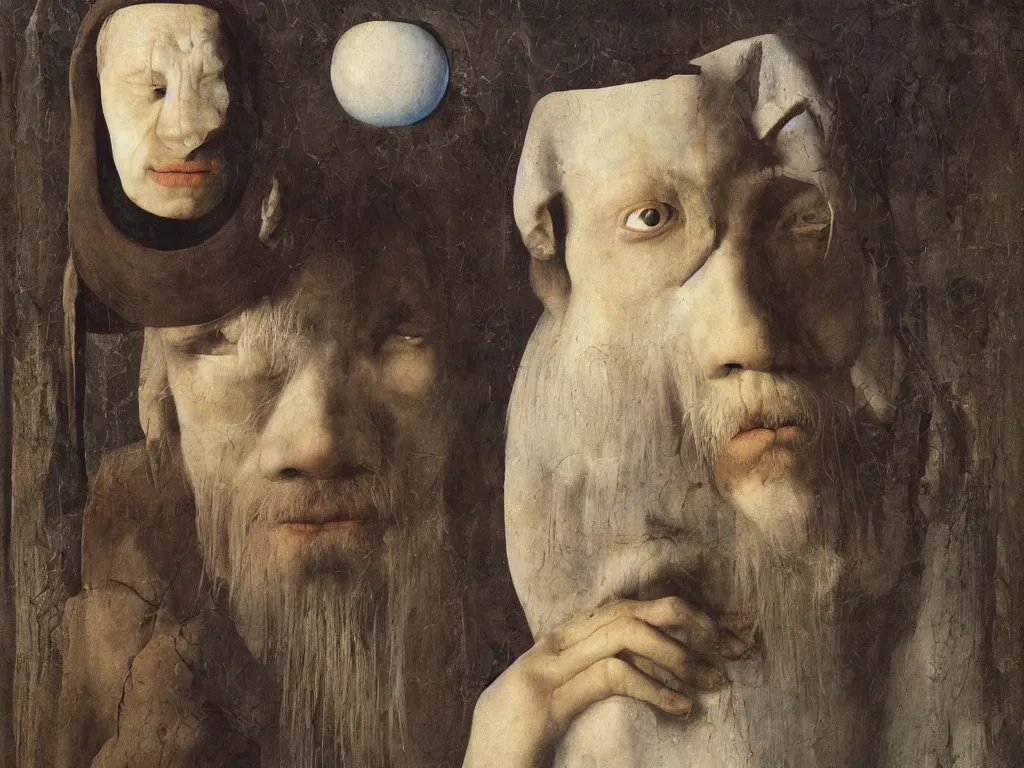 Image similar to portrait of albino mystic with blue eyes, with beautiful exotic, archaic, painted stone, simple, indigenous mask, sculpture. Night. Painting by Jan van Eyck, Audubon, Rene Magritte, Agnes Pelton, Max Ernst, Walton Ford