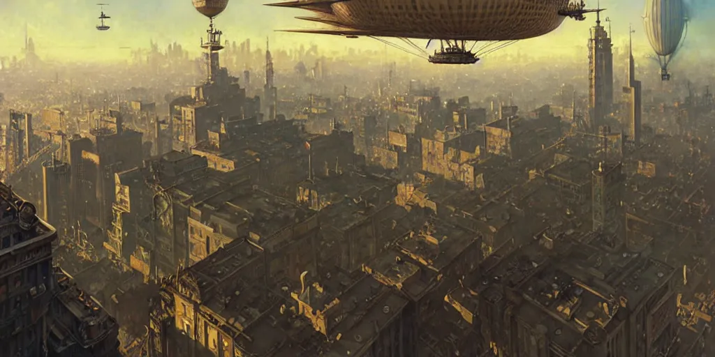 Image similar to steampunk airship above a busy city, exquisite details, denoised, mid view, by norman rockwell, karl kopinski, artsation, greg rutkowski, makoto shinkai, takashi takeuchi, studio ghibli