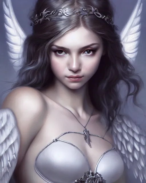 Prompt: beautiful angel girl portrait, silver bra, silver wings, highly detailed, d & d, fantasy, highly detailed, digital painting, trending on artstation, concept art, sharp focus, illustration, art by artgerm and greg rutkowski and fuji choko and viktoria gavrilenko and hoang lap