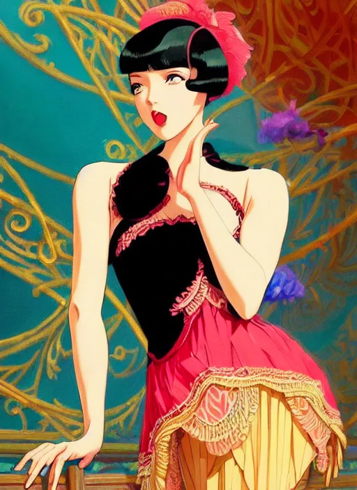 Image similar to a beautiful dancer with black hair in 1930's fashion, ballroom background, intricate, highly detailed, digital painting, artstation, official media, anime key visual, concept art, rich vivid colors, ambient lighting, sharp focus, illustration, art by Artgerm, Makoto Shinkai, Ilya Kuvshinov, Lois Van Baarle, and Rossdraws