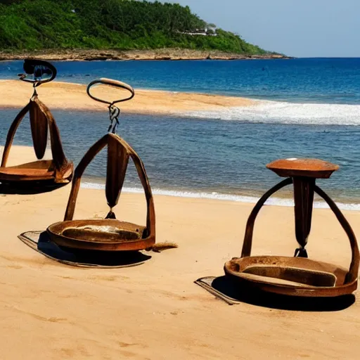 Prompt: two oval-shaped woks on the beach