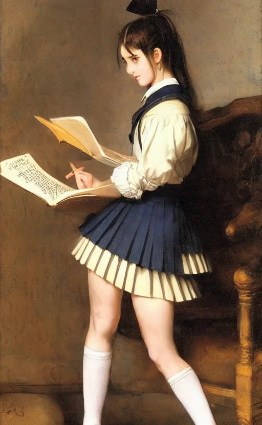 Prompt: school girl reading a book, school uniform, seifuku, pleated miniskirt, overknee socks, battle angel alita. by rembrandt 1 6 6 7, illustration, by konstantin razumov
