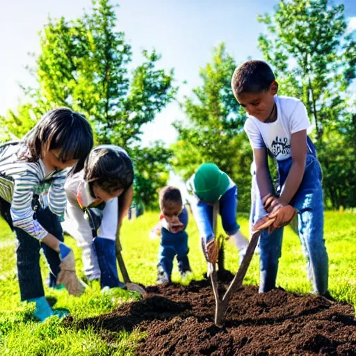 Image similar to a group of children planting trees in front of a clean white sci fi containment building with a utopian city in the distance, hyper realistic, 4 k, hd, artstaion, harsh light, overhead shot