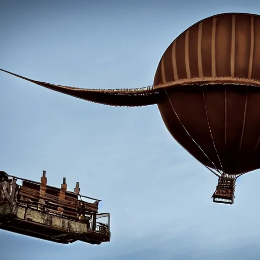 Image similar to a brown blimp flying in a steampunk city