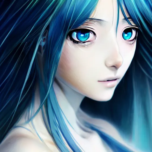 Prompt: advanced digital portrait painting photograph, a very beautiful anime girl wearing a dress made of water standing in a crystal lake turning into mist , full body, very long black hair, azure blue watery eyes, full round face, cinematic lighting, MCU, mid-shot, highly detailed, trending on artstation, Unreal Engine 4k, Stanley Artgerm Lau, WLOP, Rossdraws, James Jean, Andrei Riabovitchev, Marc Simonetti, and Sakimichan