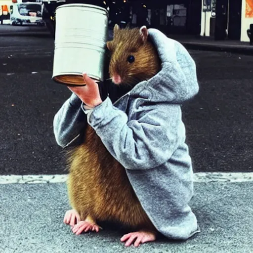 Image similar to “ hamster dressed as a homeless person sitting at an intersection with arms stretched out holding a tin can ”